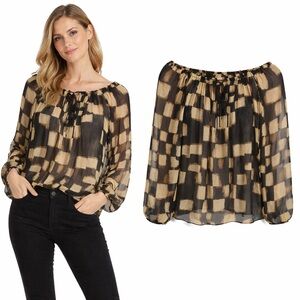 Beate Heymann Streetcouture Silk Blend Abstract Checkered Peasant Blouse 6 Black